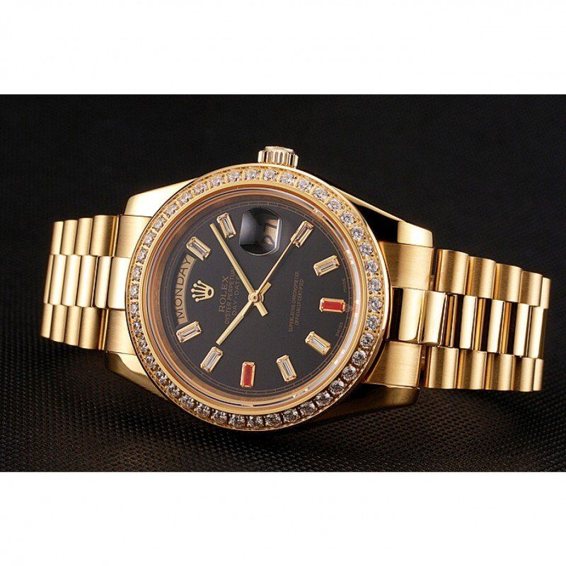 Swiss Rolex Day-Date Diamonds And Rubies Black Dial Yellow Gold Bracelet 1454101