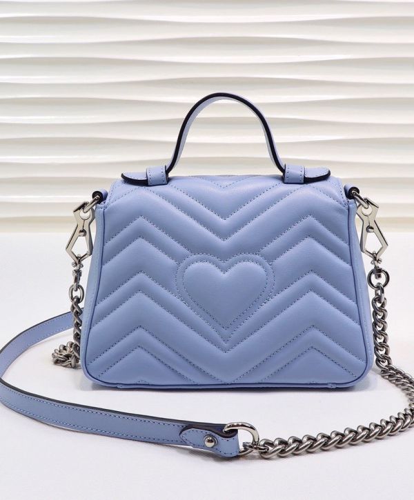 Gucci GG Marmont Mini Single Top Handle Shiny Silver GG Logo Buckle Waved Stripe Motif Light Blue Leather Shoulder Bag UK