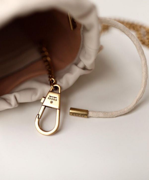 Gucci GG Marmont Mini White Matelasse Quilted Leather Brass Interlocking GG Design Drawstring Closure Women Chian Buckle 575163 DTDRT 9022