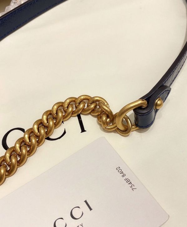 Gucci GG Marmont White Striped Quilted Leather Navy Trimming Brass Buckle & Shoulder Strap Women Cheapest Small Flap Crossbody Bag