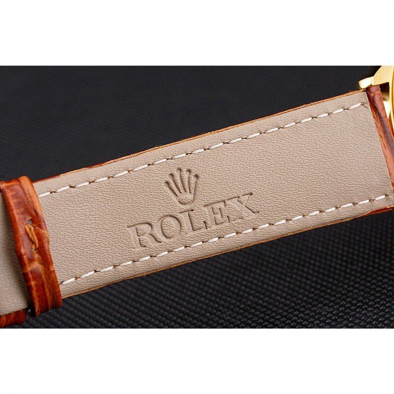 Swiss Rolex Cellini Date Gold Guilloche Dial Gold Case Light Brown Leather Strap