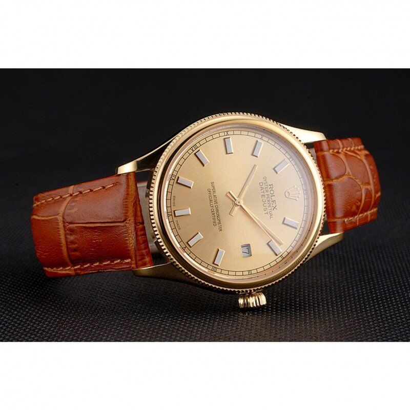 Rolex Datejust Gold Dial Gold Case Light Brown Leather Strap