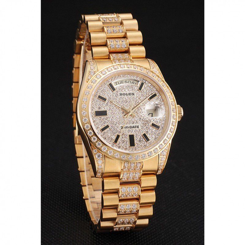 Swiss Rolex Day-Date Yellow Gold Diamond Pave