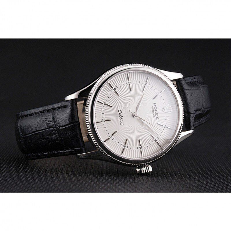 Swiss Rolex Cellini White Guilloche Dial Stainless Steel Case Black Leather Strap