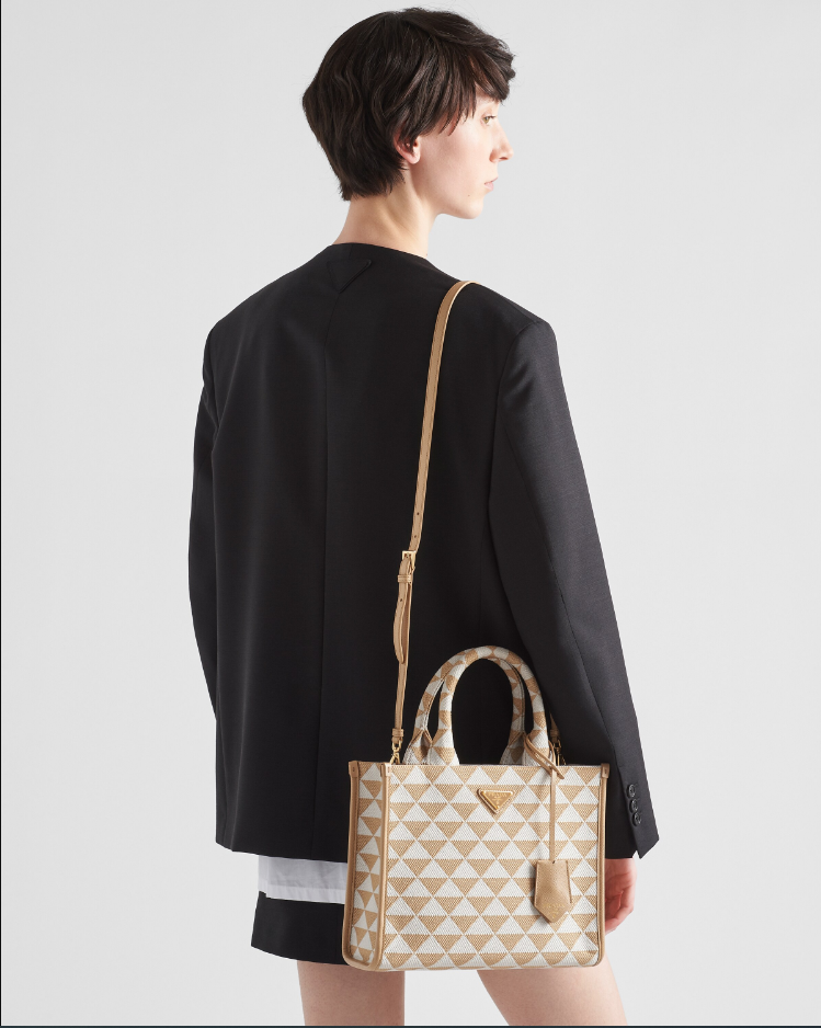 Prada Small Symbole embroidered fabric handbag - Beige/Chalk White