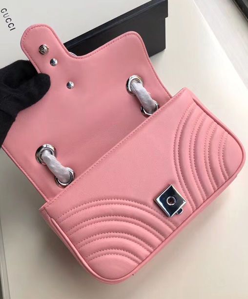 Gucci GG Marmont Silver GG Logo Buckle Back Heart Pattern Chain Shoulder Strap Pink Matelasse Chevron Leather Mini Bag