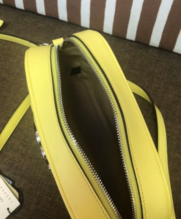 Gucci GG Marmont Chevron Design Silver GG Logo Signature Lemon Yellow Quilted Leather Small Chain Shoulder Bag Ladies New