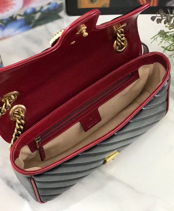 Gucci GG Marmont Red Trimming Twisted Brass Logo Buckle Chain Strap Women Diagonal Design Fashion Black Matelasse Leather Flap Bag