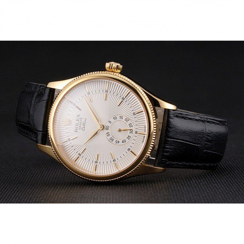 Swiss Rolex Cellini White Dial Gold Case Black Leather Strap