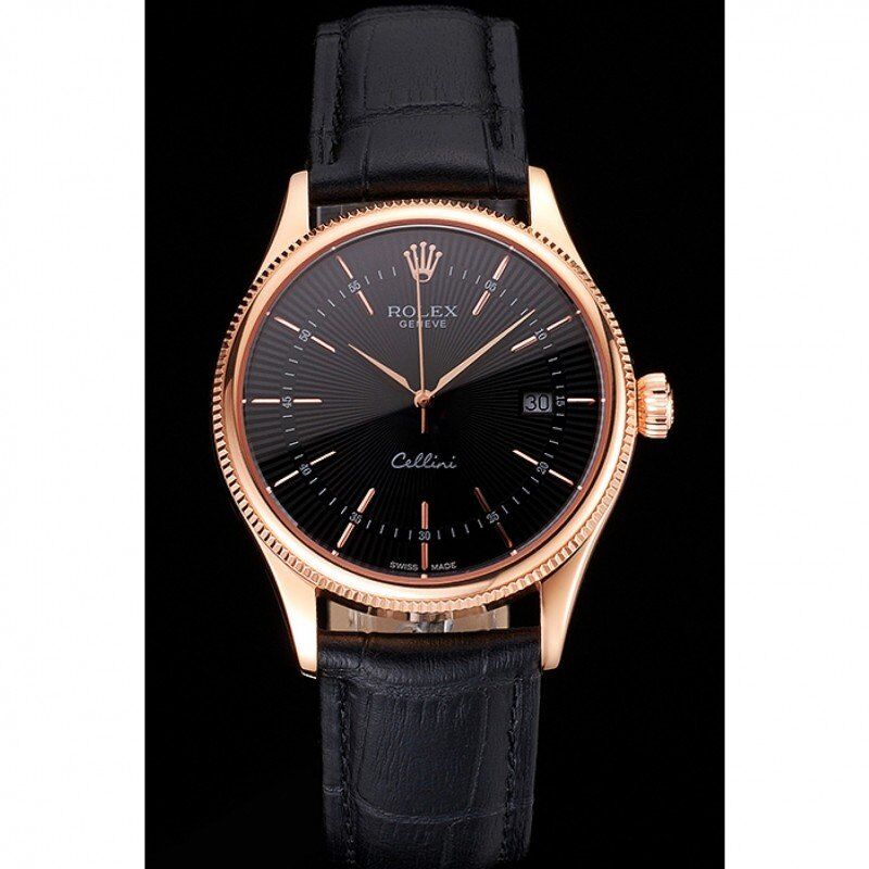 Swiss Rolex Cellini Date Black Dial Rose Gold Markings Rose Gold Case Black Leather Strap