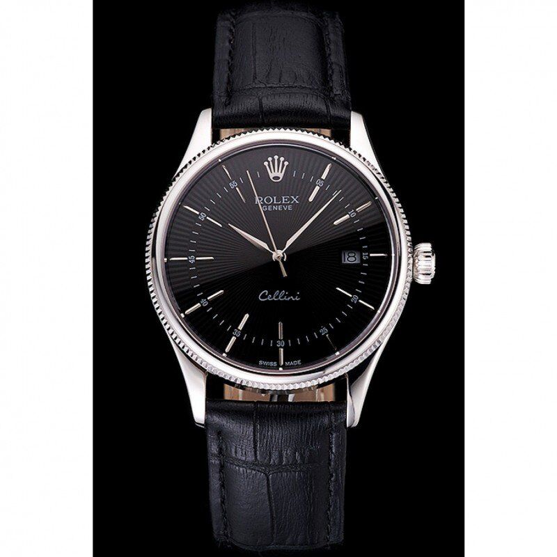 Swiss Rolex Cellini Date Black Dial Stainless Steel Case Black Leather Strap