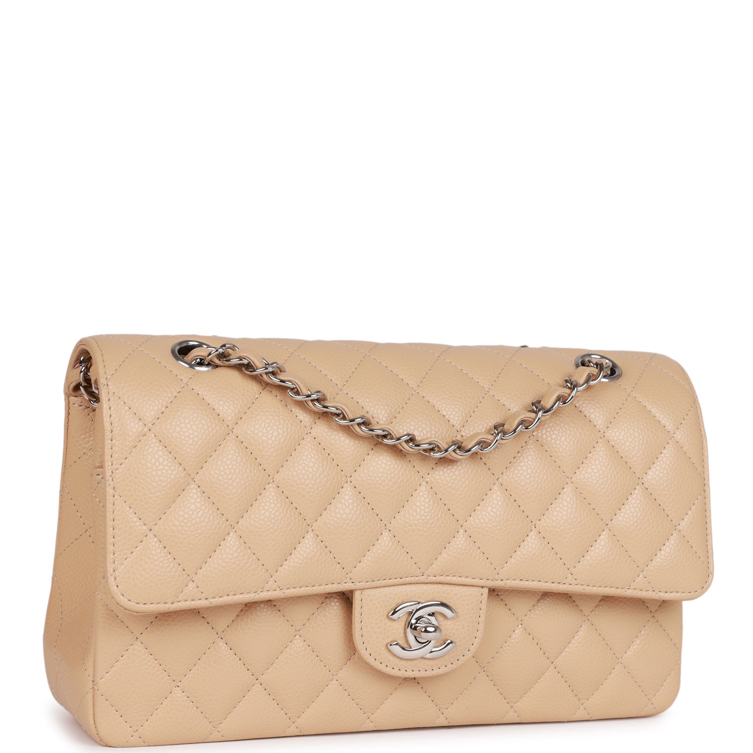 Medium Classic Double Flap Bag Beige Caviar Silver Hardware