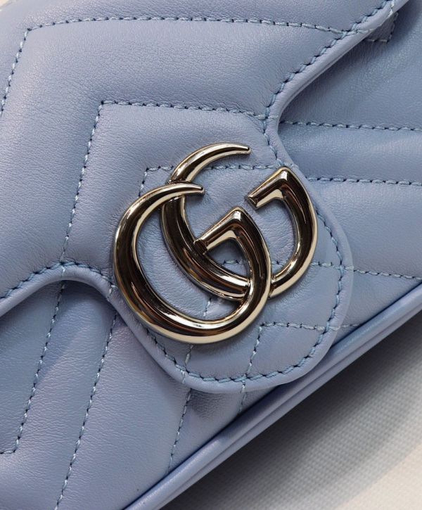 Gucci GG Marmont Silver Logo Magnetic Buckle Light Blue Super Mini Chain Bag Women Fashion Chevron Design Crossbody Bag