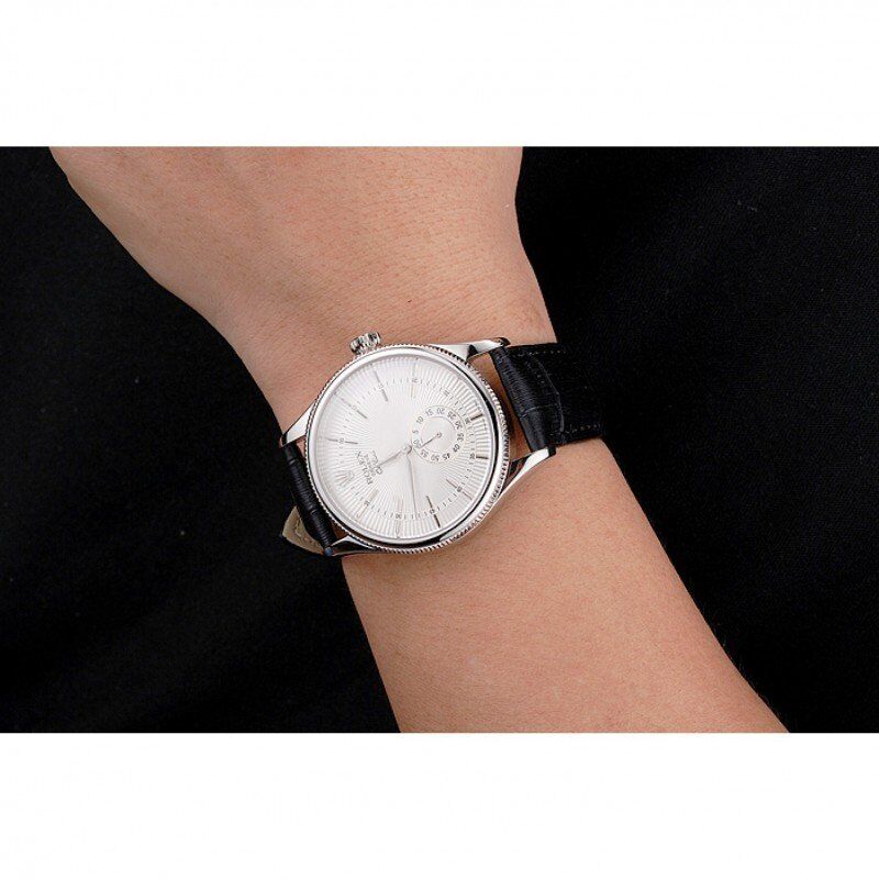 Swiss Rolex Cellini White Dial Stainless Steel Case Black Leather Strap