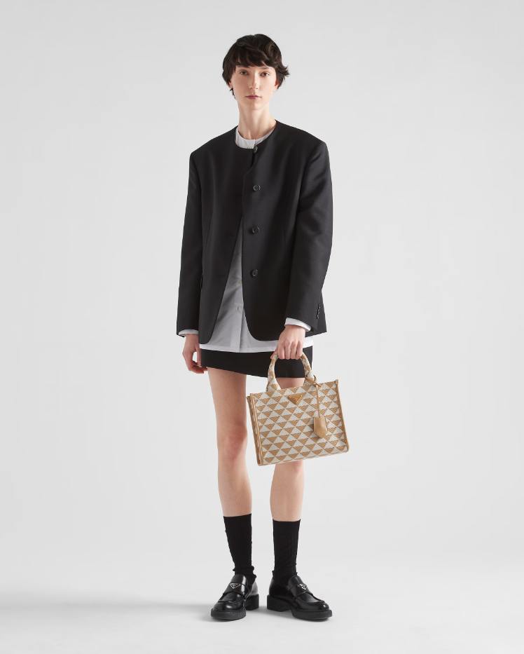 Prada Small Symbole embroidered fabric handbag - Beige/Chalk White