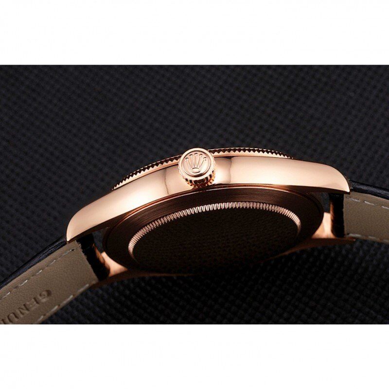 Swiss Rolex Cellini Date Black Dial Rose Gold Markings Rose Gold Case Black Leather Strap