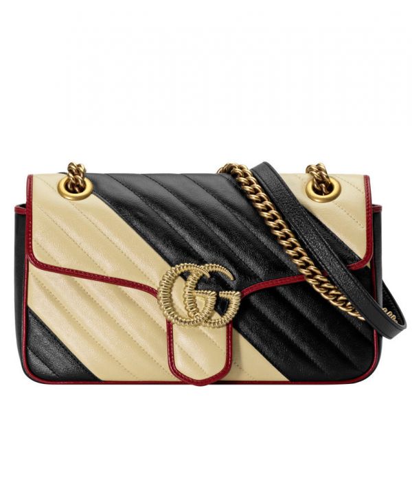 Gucci GG Marmont Twisted Logo Buckle Red Leather Trimming Cream & Black Diagonal Leather Patchwork Women Chic Golden Chian Shoulder bag