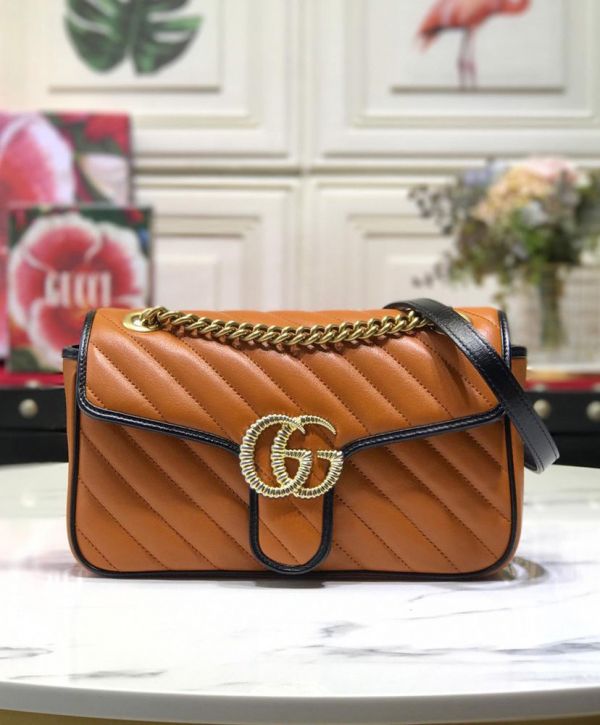 Gucci GG Marmont Small Tan Diagonal Matelasse Flap Bag Women Fashion Black Trimming Brass Logo Buckle Chain Bag 26CM