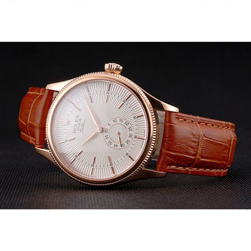 Swiss Rolex Cellini White Dial Rose Gold Case Light Brown Leather Strap