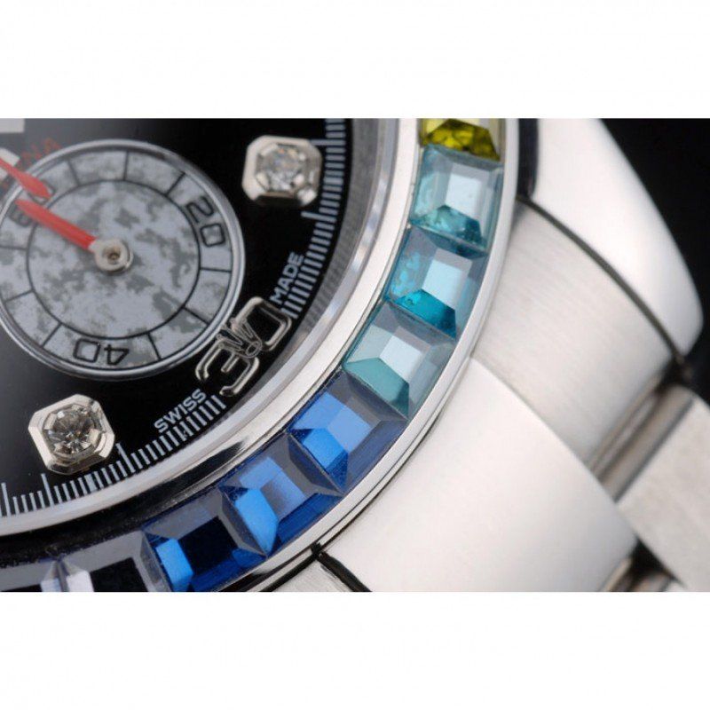 Rolex Daytona Cosmograph Rainbow Crystals Bezel Stainless Steep Strap Black Dial 80250 FREE SHIPPING