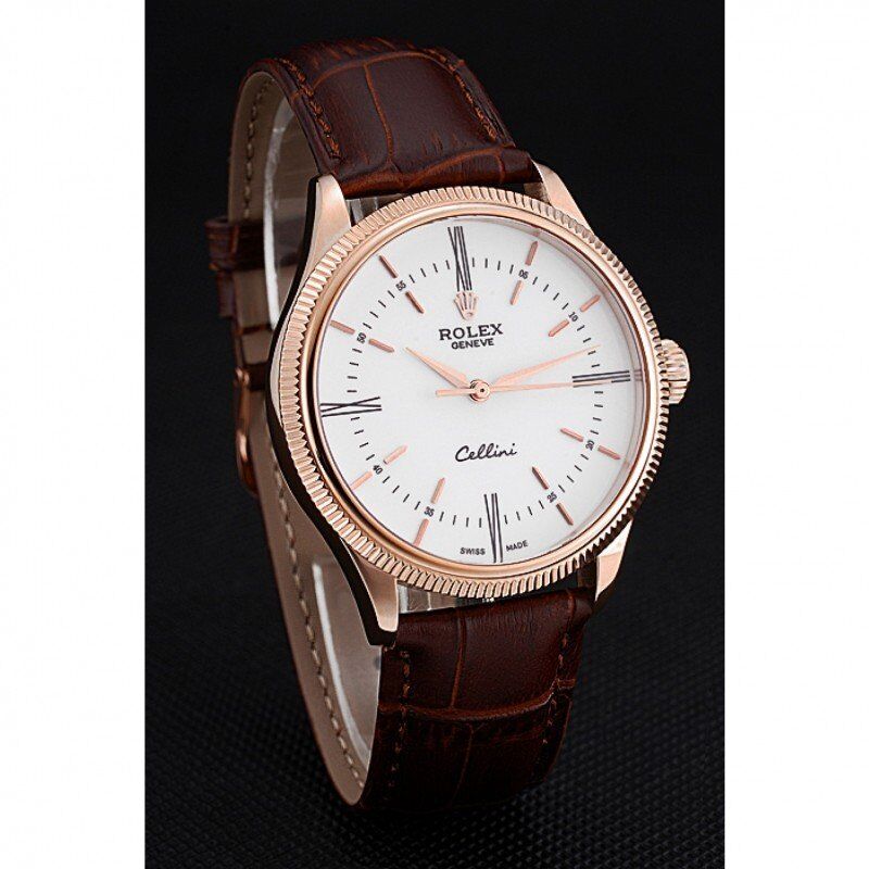Swiss Rolex Cellini Time Gold Case White Dial Brown Leather Bracelet 622655