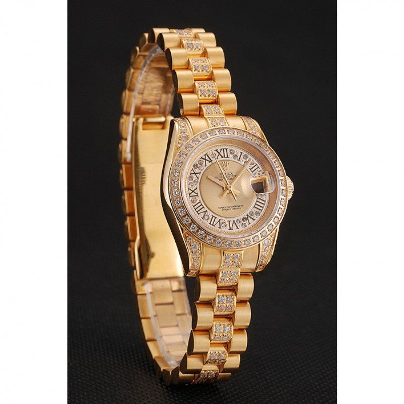 Swiss Rolex DayJust Diamond Pave Gold Dial Gold Diamond Bracelet 1453953