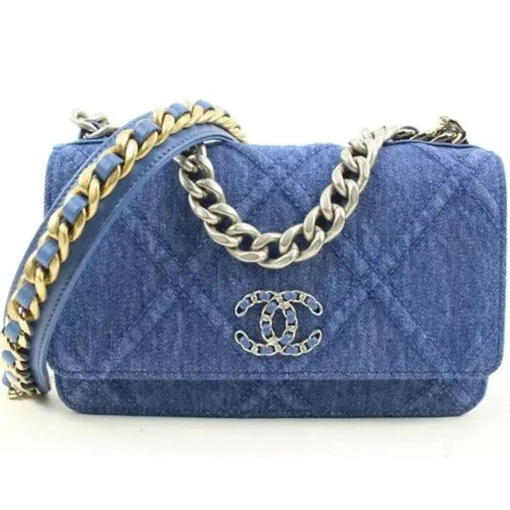 Wallet on Chain 22p Silver Gold Quilted 19 Flap Woc S126c49 Blue Denim Cross Body Bag
