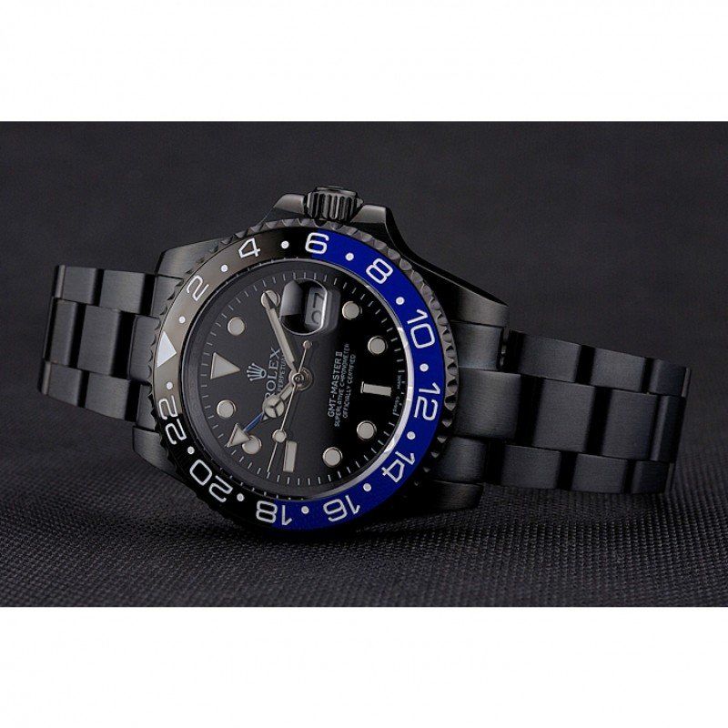 Swiss Rolex GMT Master II Black Dial Blue And Black Bezel Black PVD Case And Bracelet PR18239