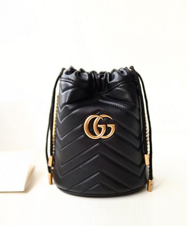 Gucci GG Marmont Wave Design Drawstring Closure Brass Chain Strap Black Matelassel Leather Mini Buckle Bag For Ladies 575163