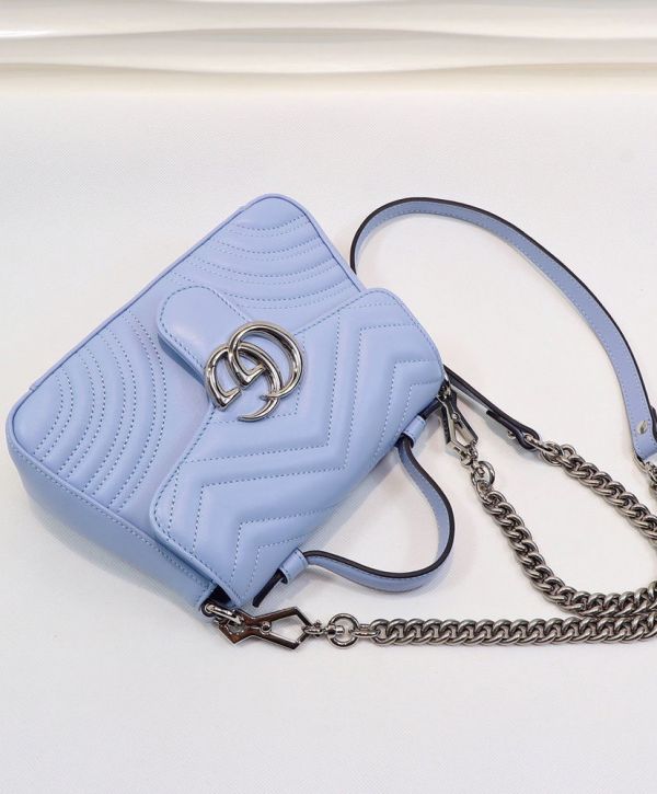 Gucci GG Marmont Mini Single Top Handle Shiny Silver GG Logo Buckle Waved Stripe Motif Light Blue Leather Shoulder Bag UK