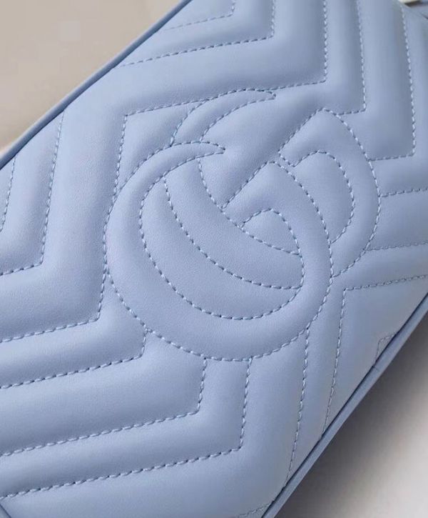 Gucci GG Marmont Small Light Blue Chevron Quilted Leather Silver Logo Signature Women Fashion Chain Crossbody Bag