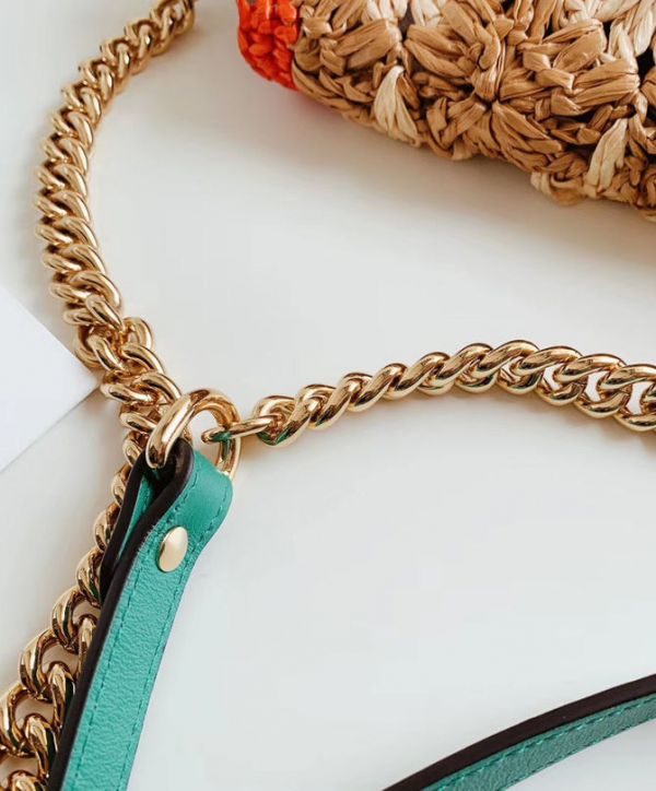 Gucci GG Marmont Red & Green Web Trimming Golden GG Logo Decoration Female Viscose Raffia Braided Flower Motif Chain Bag