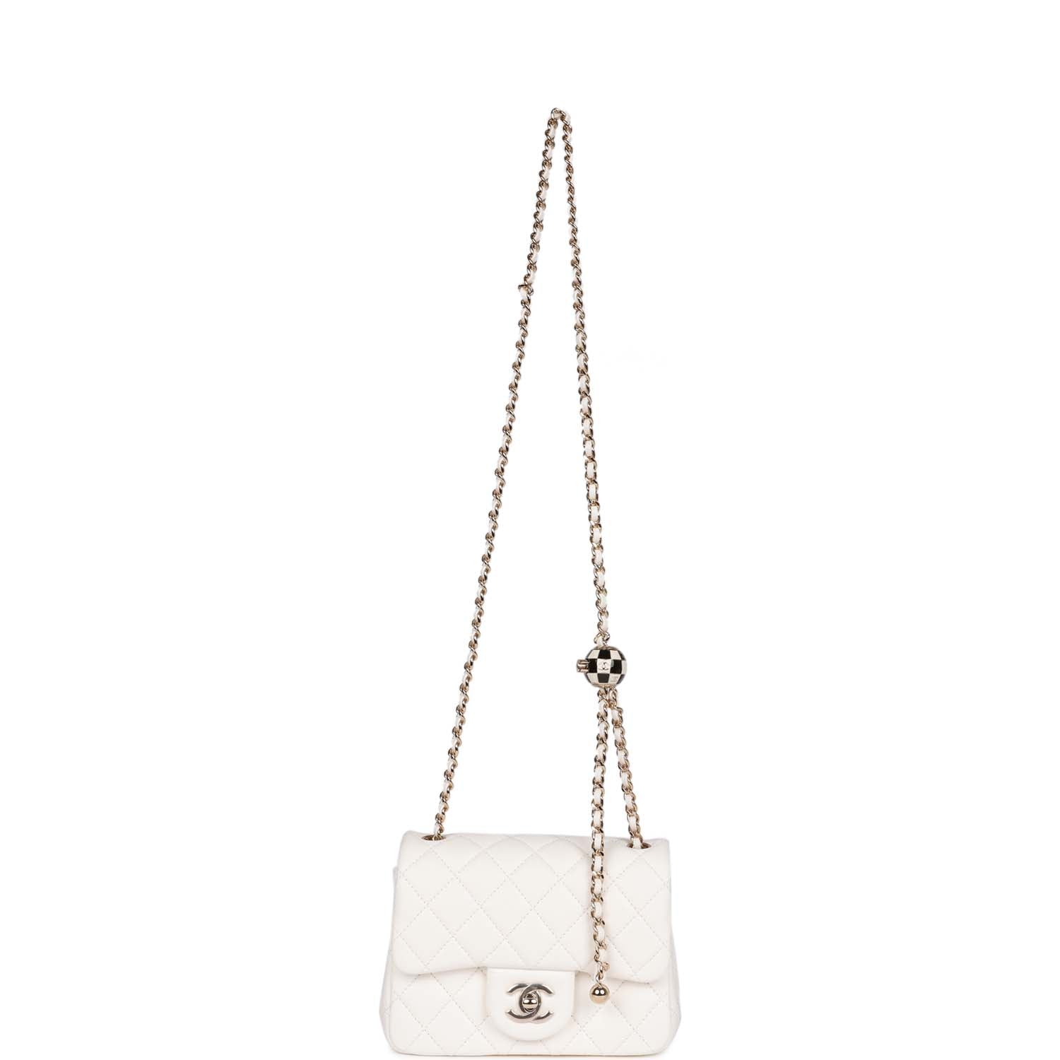 Pearl Crush Mini Square Flap Bag White Lambskin Light Gold Hardware
