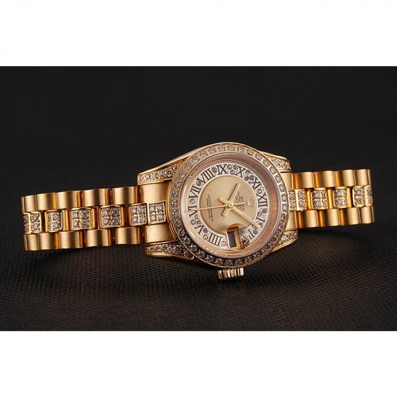 Swiss Rolex DayJust Diamond Pave Gold Dial Gold Diamond Bracelet 1453953