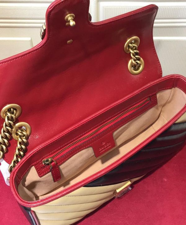 Gucci GG Marmont Twisted Logo Buckle Red Leather Trimming Cream & Black Diagonal Leather Patchwork Women Chic Golden Chian Shoulder bag
