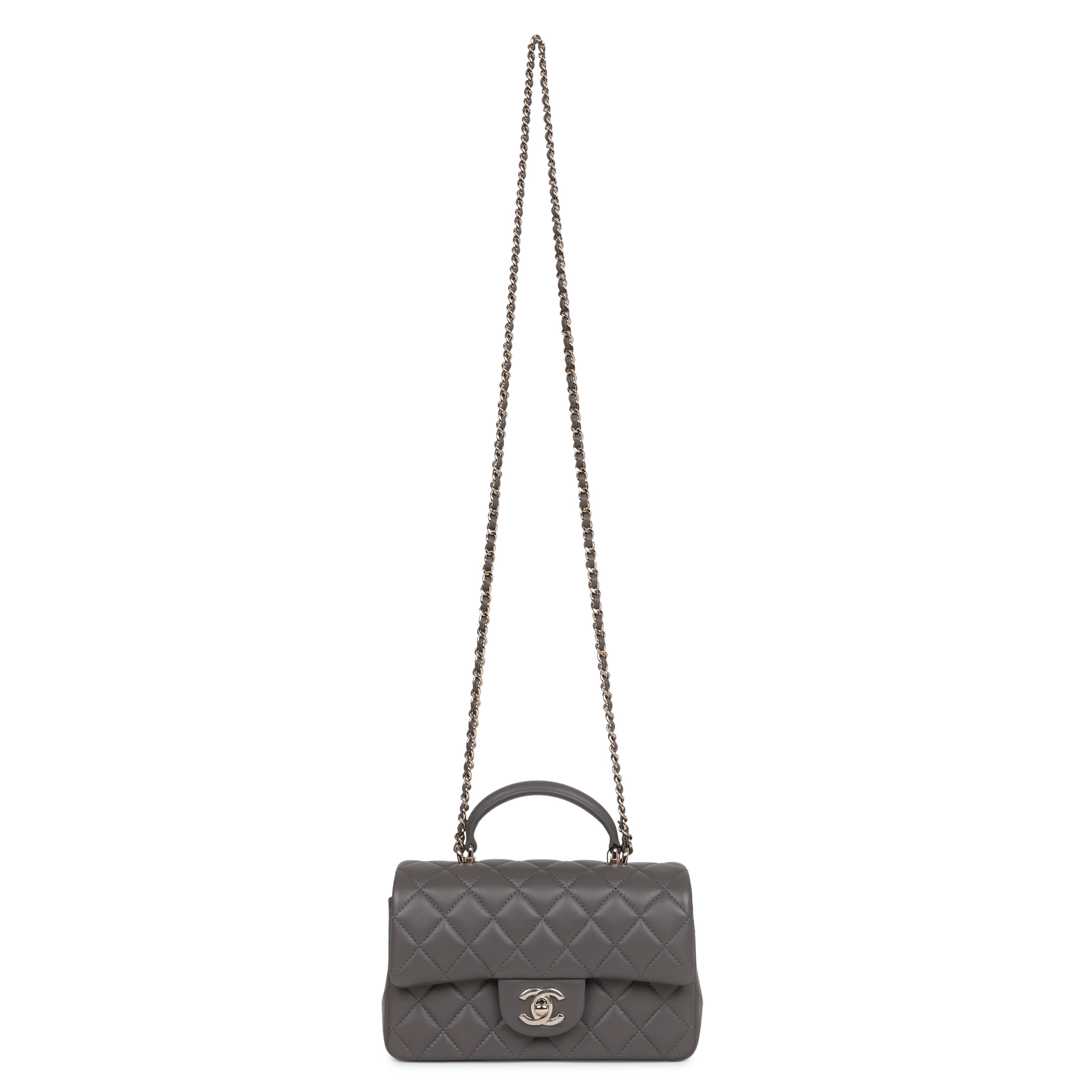 Mini Rectangular Flap Bag with Top Handle Dark Grey Lambskin Light Gold Hardware