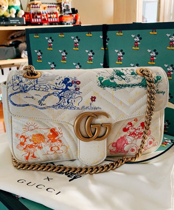 Gucci GG Marmont Disney x Colorful Mickey & Minnie Mouse Printing Brass Logo Buckle 2022 Female New Chain Flap Handbag Cream