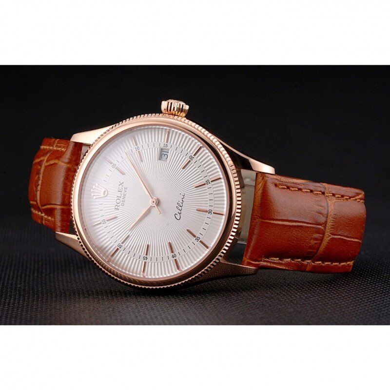 Swiss Rolex Cellini Date White Dial Rose Gold Case Brown Leather Strap