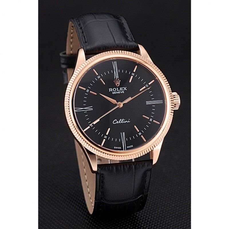 Swiss Rolex Cellini Time Rose Gold Case Black Dial Black Leather Bracelet 622656