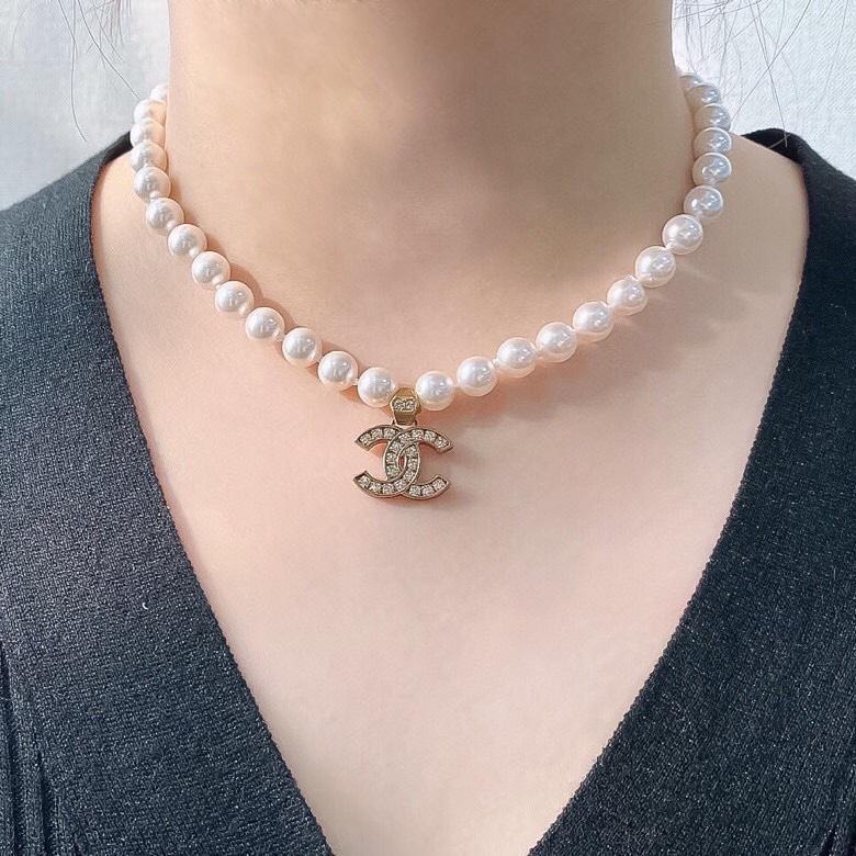 Elegant Pearl Rhinestone Double C Pendant Necklace