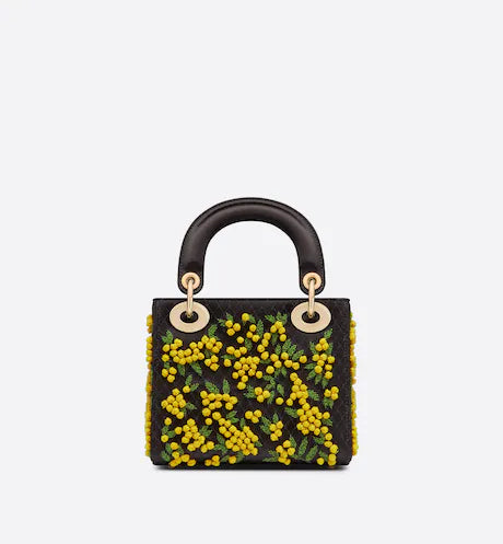 MINI LADY DIOR BAG Yellow and Green Black Mimosa Embroidered Satin