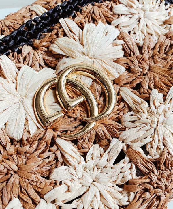 Gucci GG Marmont Crochet Flower Pattern Gold Logo Buckle Women Beige & Camel Viscose Raffia Flap Crossbody Bag