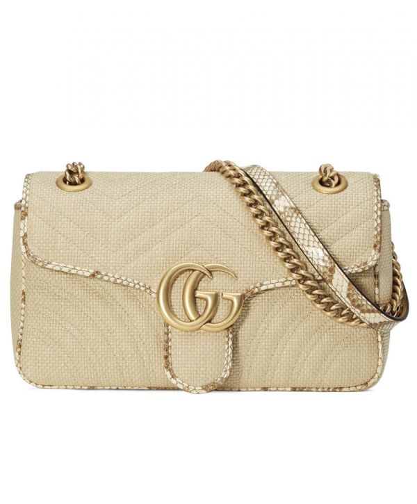 Gucci GG Marmont Raffia Snakeskin Trimming Brass Logo Spring Closure Link Shoulder Strap Women Shoulder Bag Beige