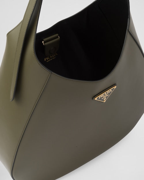 Prada Large leather shoulder bag with topstitching - Military Green/Black