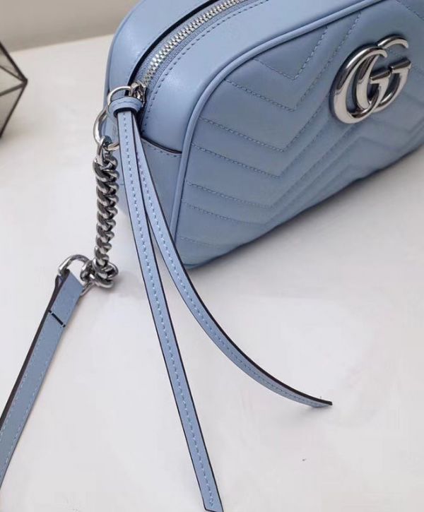 Gucci GG Marmont Small Light Blue Chevron Quilted Leather Silver Logo Signature Women Fashion Chain Crossbody Bag