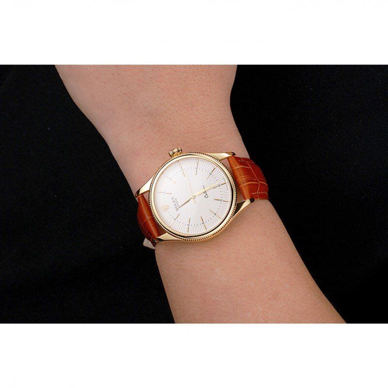 Swiss Rolex Cellini White Guilloche Dial Gold Case Light Brown Leather Strap