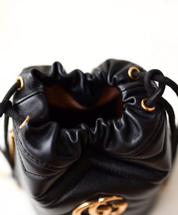 Gucci GG Marmont Wave Design Drawstring Closure Brass Chain Strap Black Matelassel Leather Mini Buckle Bag For Ladies 575163