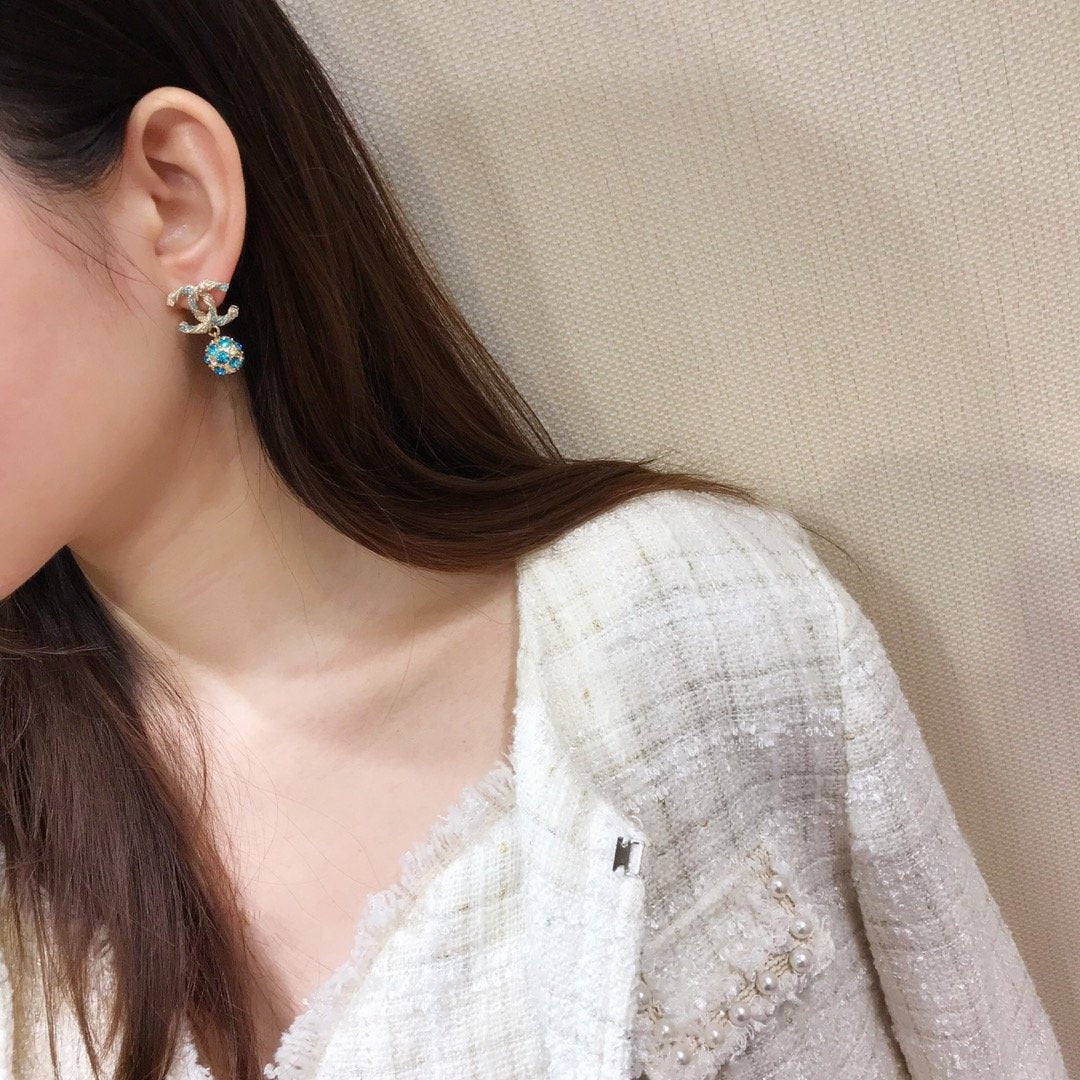 Elegant Blue Rhinestone Ball Pendant Earrings