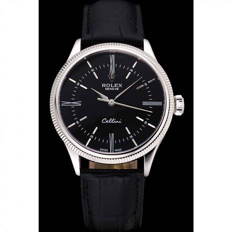 Swiss Rolex Cellini Time Silver Case Black Dial Black Leather Bracelet 622654