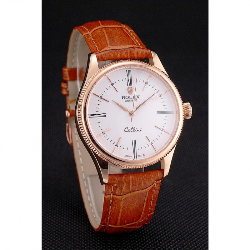 Swiss Rolex Cellini White Dial Roman Numerals Rose Gold Case Light Brown Leather Strap